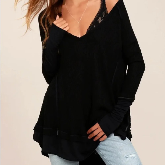 Free People Laguna Black Thermal Long Sleeve Top - Picture 1 of 4
